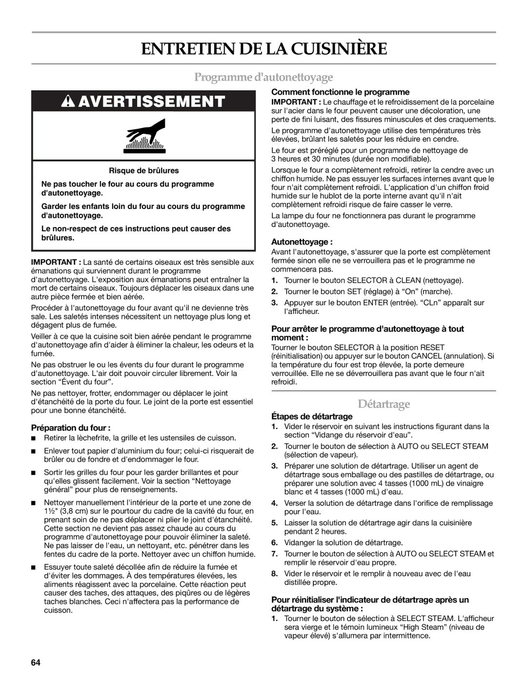 KitchenAid 9762892B manual Entretien DE LA Cuisinière, Programme dautonettoyage, Détartrage 