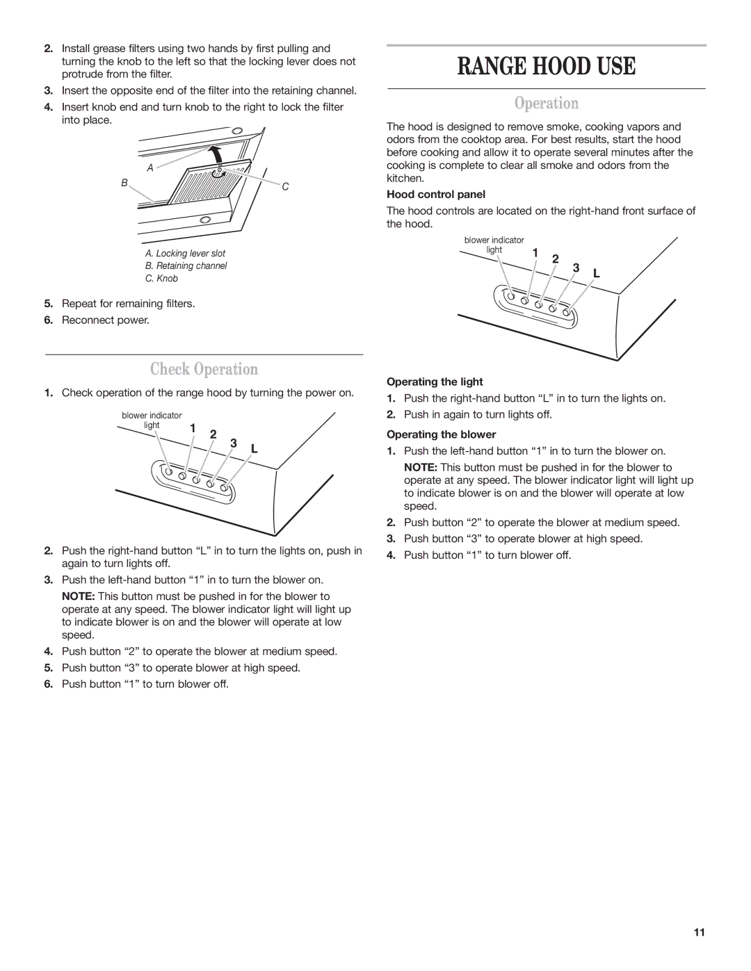 KitchenAid 9763382 installation instructions Range Hood USE, Check Operation 