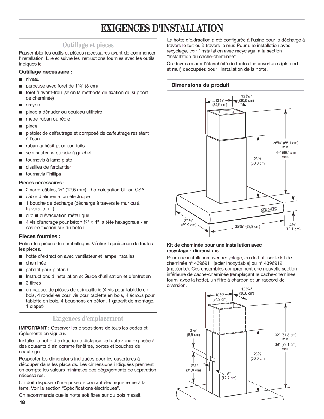 KitchenAid 9763382 Exigences Dinstallation, Outillage et pièces, Exigences demplacement, Dimensions du produit 