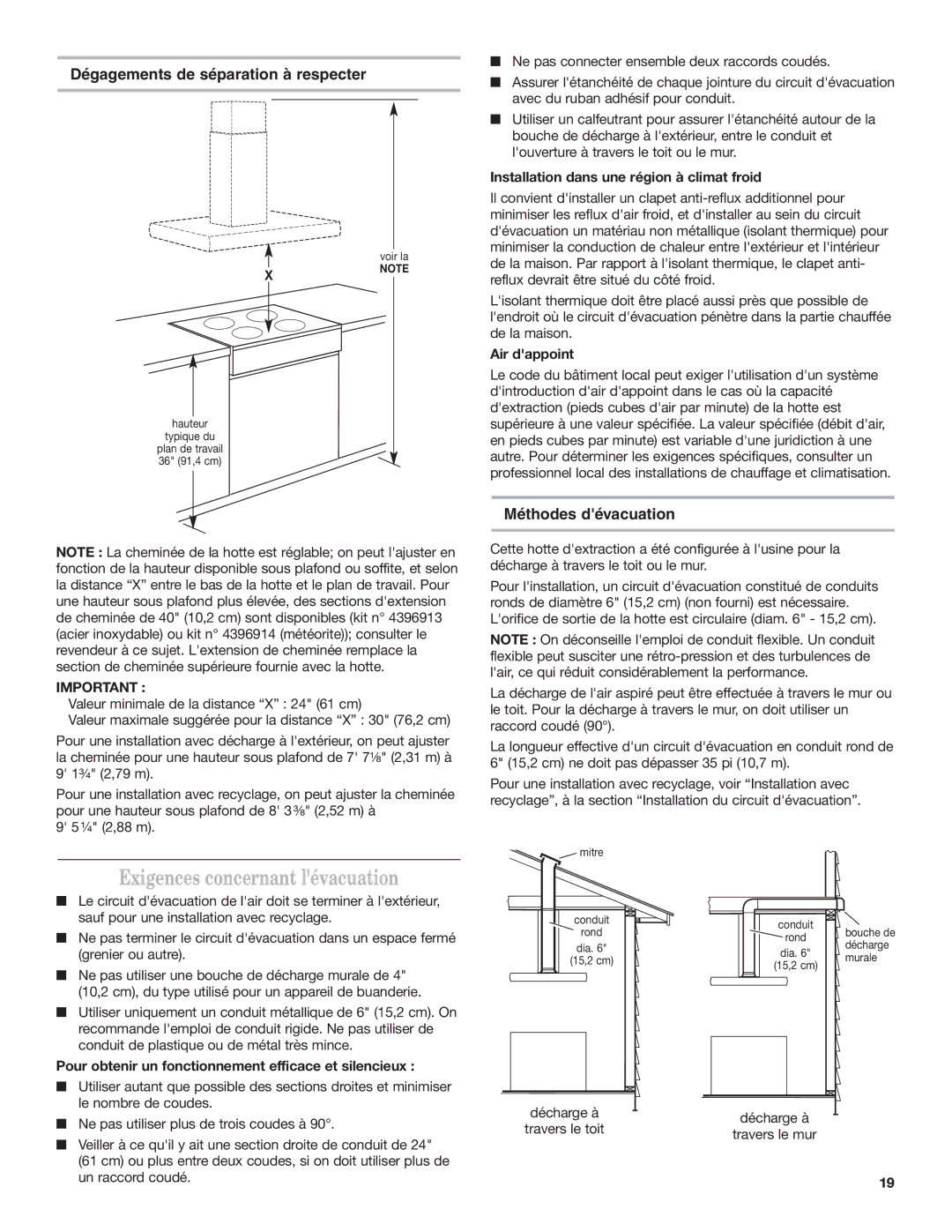 KitchenAid 9763382 Exigences concernant lévacuation, Dégagements de séparation à respecter, Méthodes dévacuation 