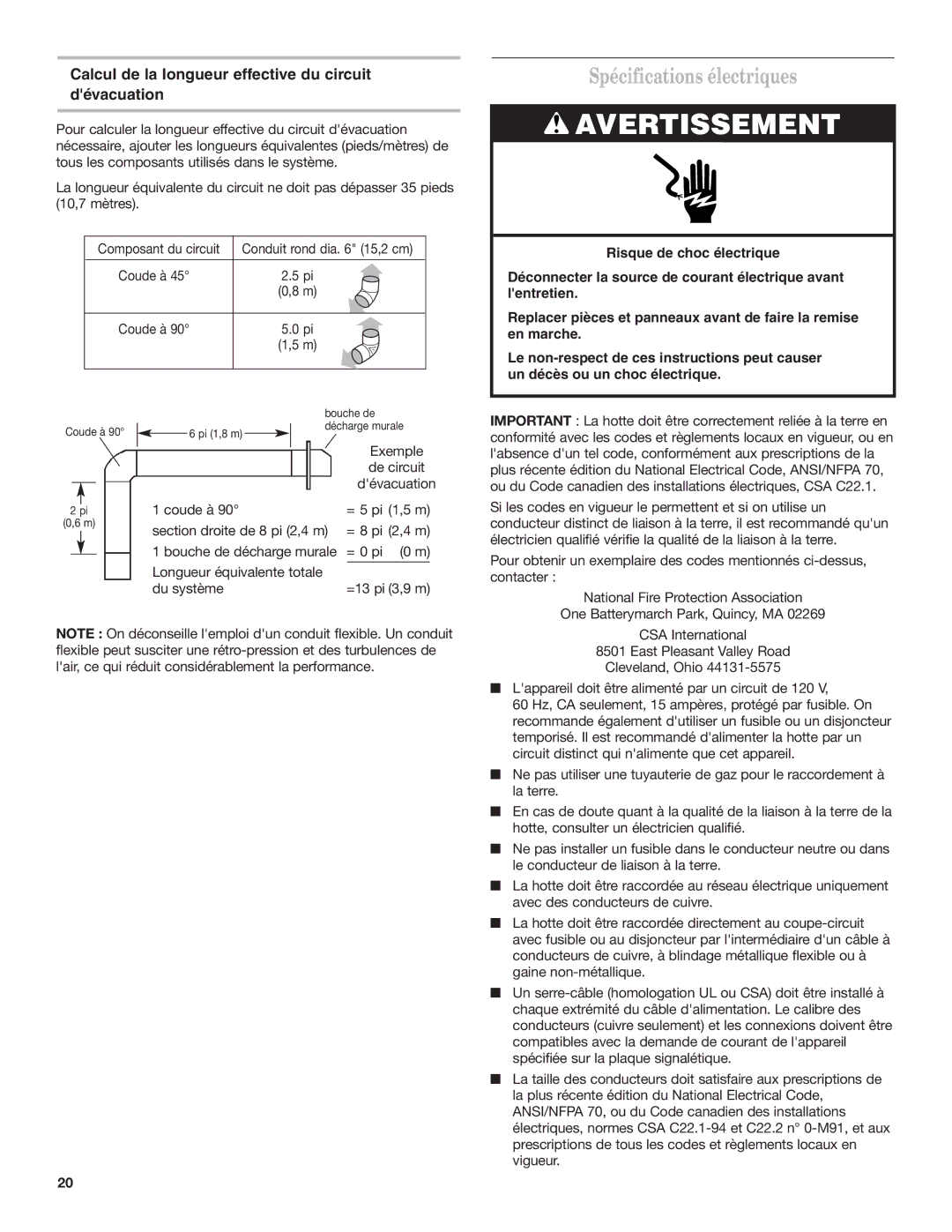 KitchenAid 9763382 Spécifications électriques, Calcul de la longueur effective du circuit dévacuation 