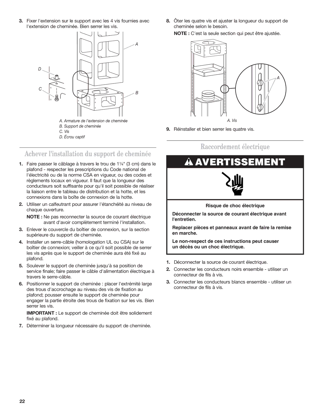 KitchenAid 9763382 installation instructions Raccordement électrique, Achever linstallation du support de cheminée 