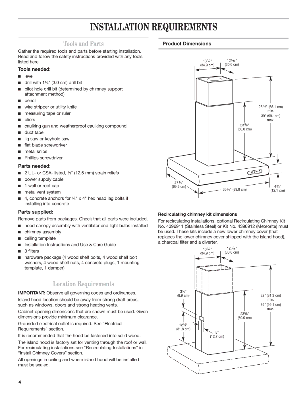 KitchenAid 9763382 Installation Requirements, Tools and Parts, Location Requirements, Product Dimensions 