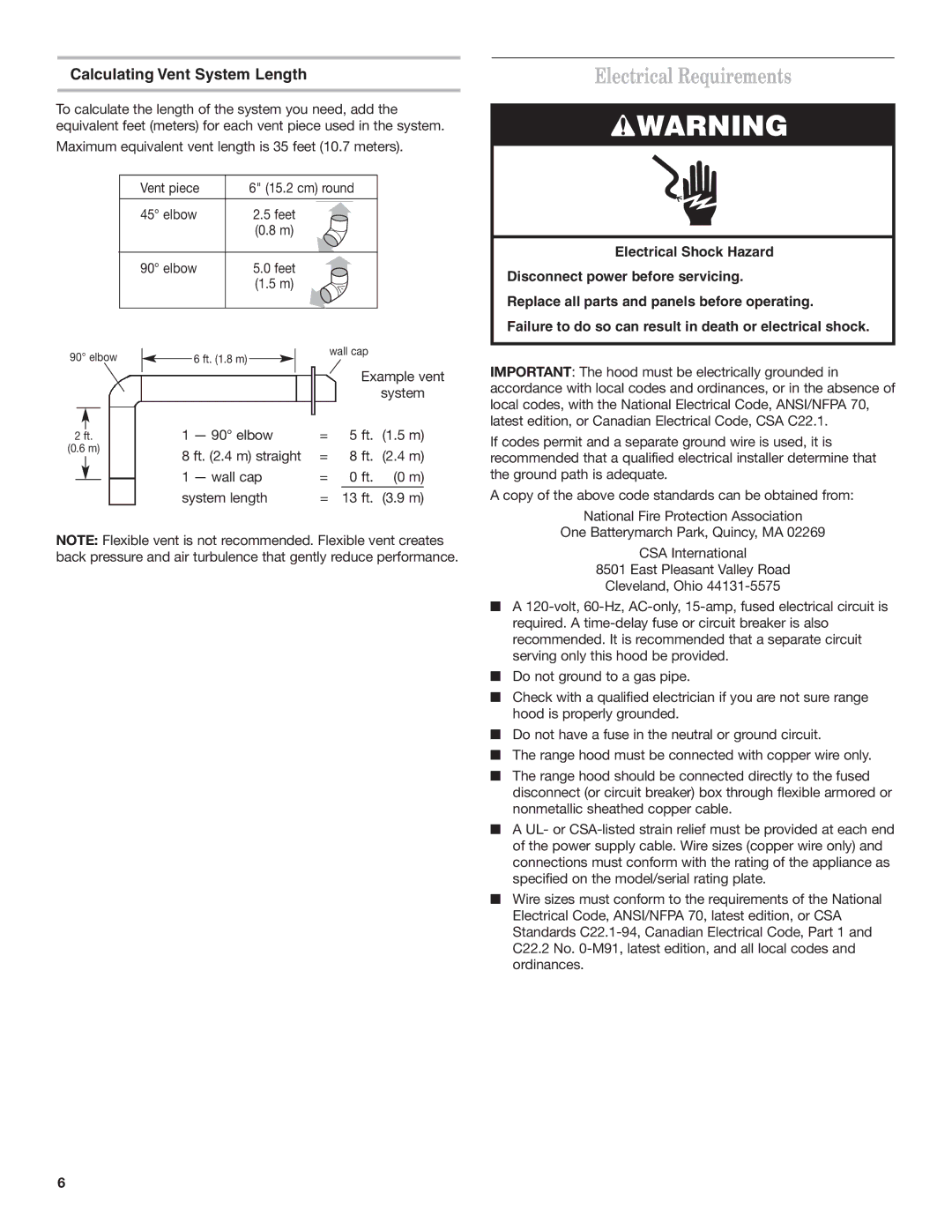 KitchenAid 9763382 installation instructions Electrical Requirements, Calculating Vent System Length 