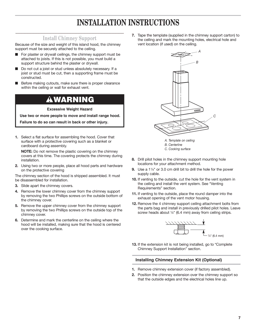 KitchenAid 9763382 Installation Instructions, Install Chimney Support, Installing Chimney Extension Kit Optional 