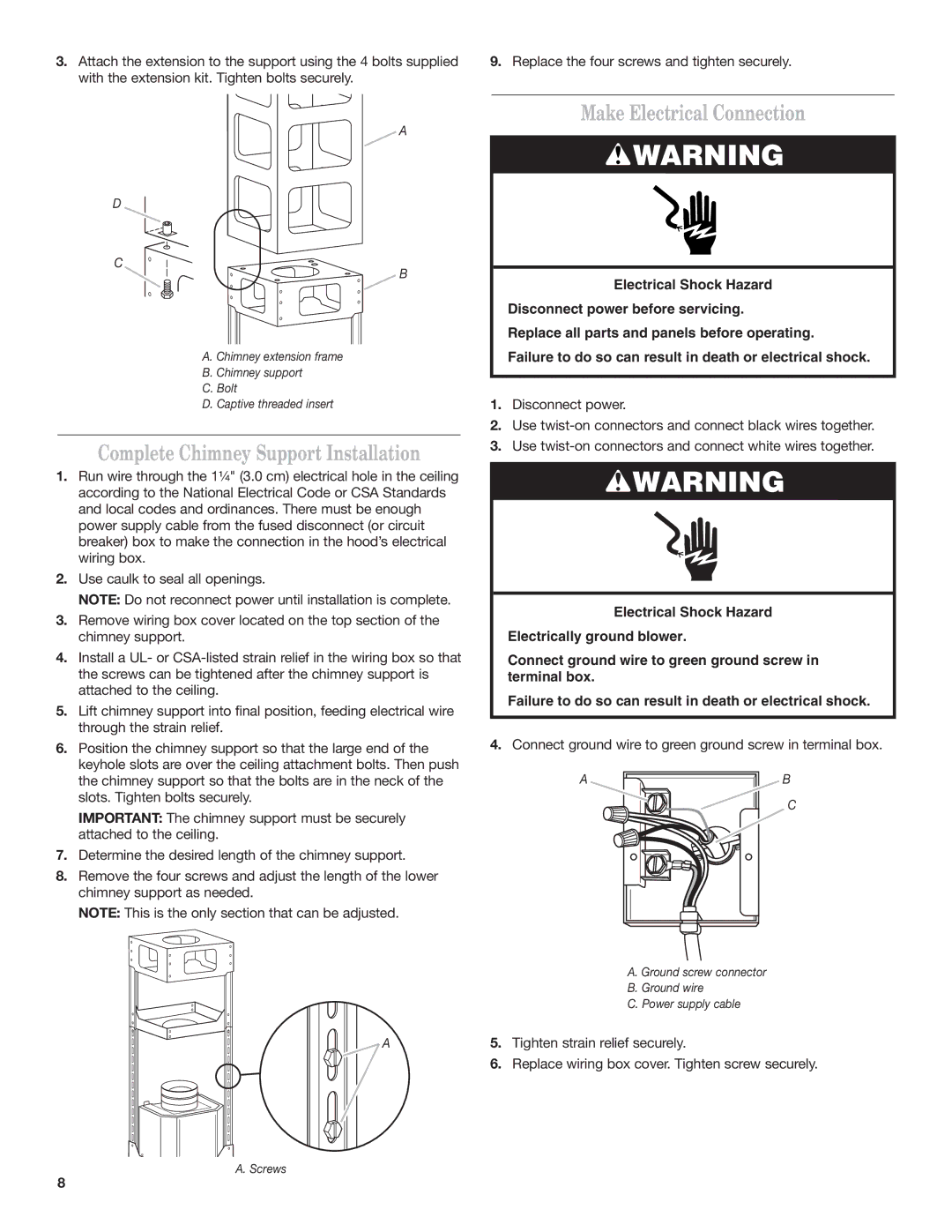 KitchenAid 9763382 installation instructions Complete Chimney Support Installation, Make Electrical Connection 