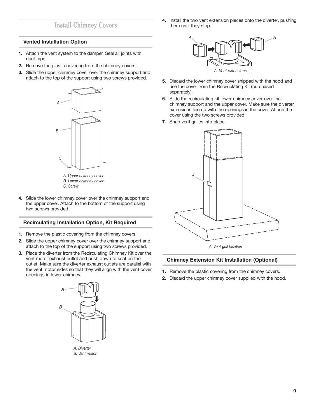 KitchenAid 9763382 Install Chimney Covers, Vented Installation Option, Recirculating Installation Option, Kit Required 