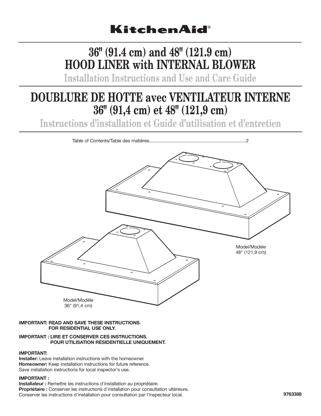 KitchenAid 9763388 installation instructions 36 91.4 cm and 48 121.9 cm Hood Liner with Internal Blower 