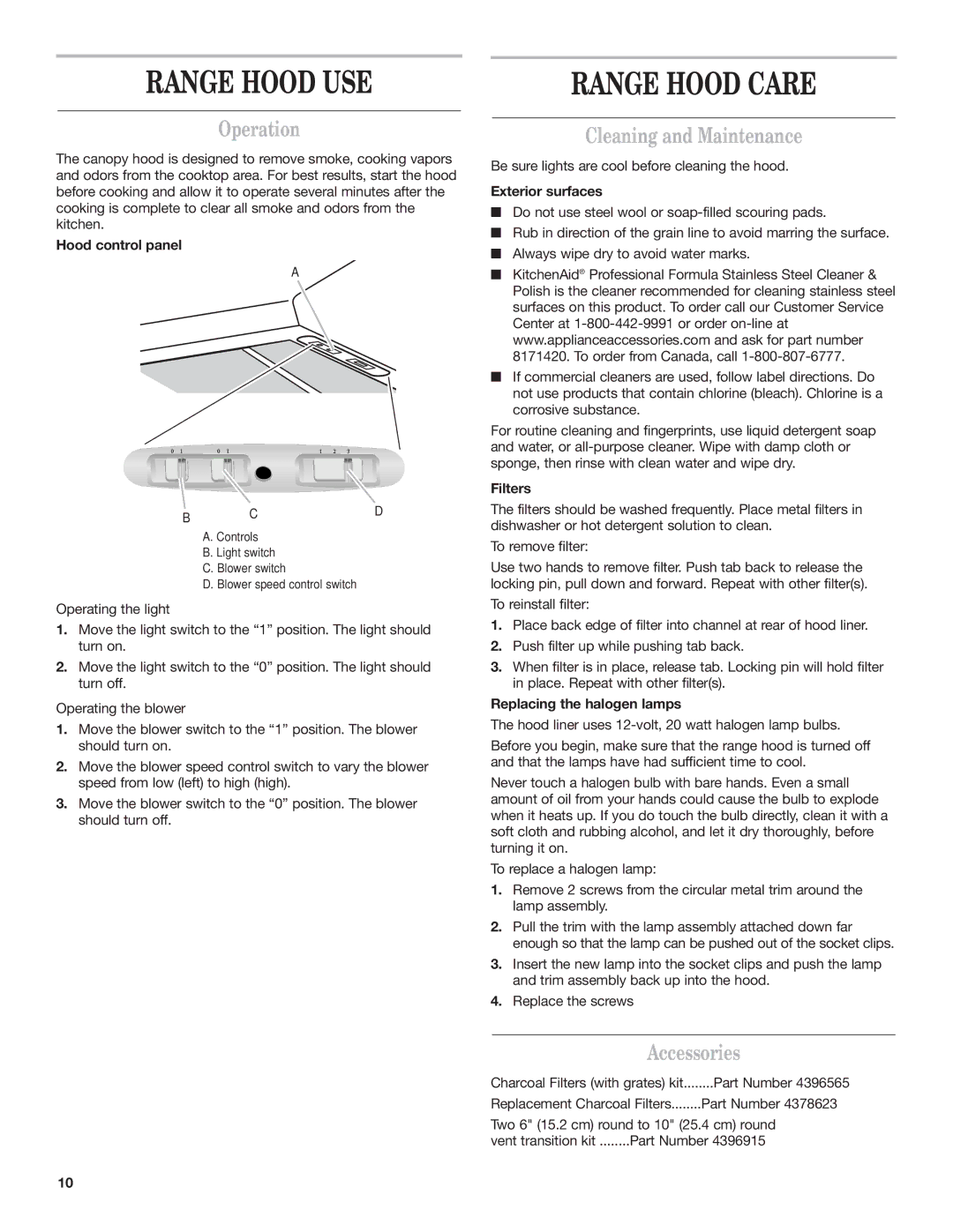 KitchenAid 9763388 Range Hood USE, Range Hood Care, Operation, Cleaning and Maintenance, Accessories 