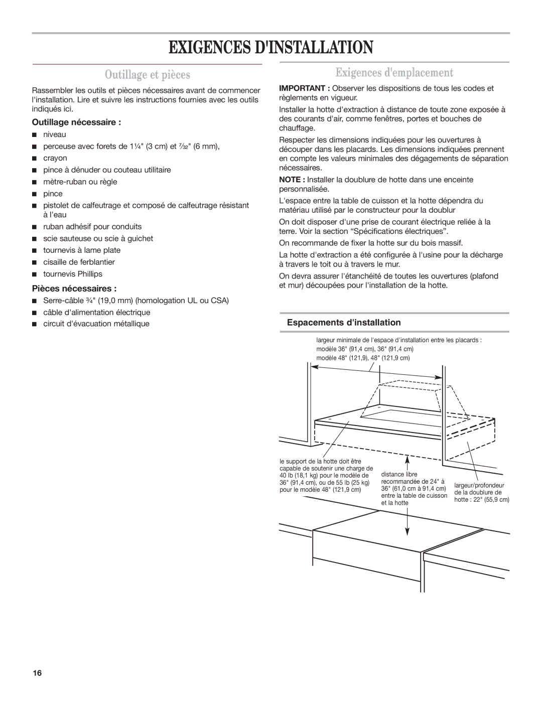 KitchenAid 9763388 Exigences Dinstallation, Outillage et pièces, Exigences demplacement, Espacements dinstallation 