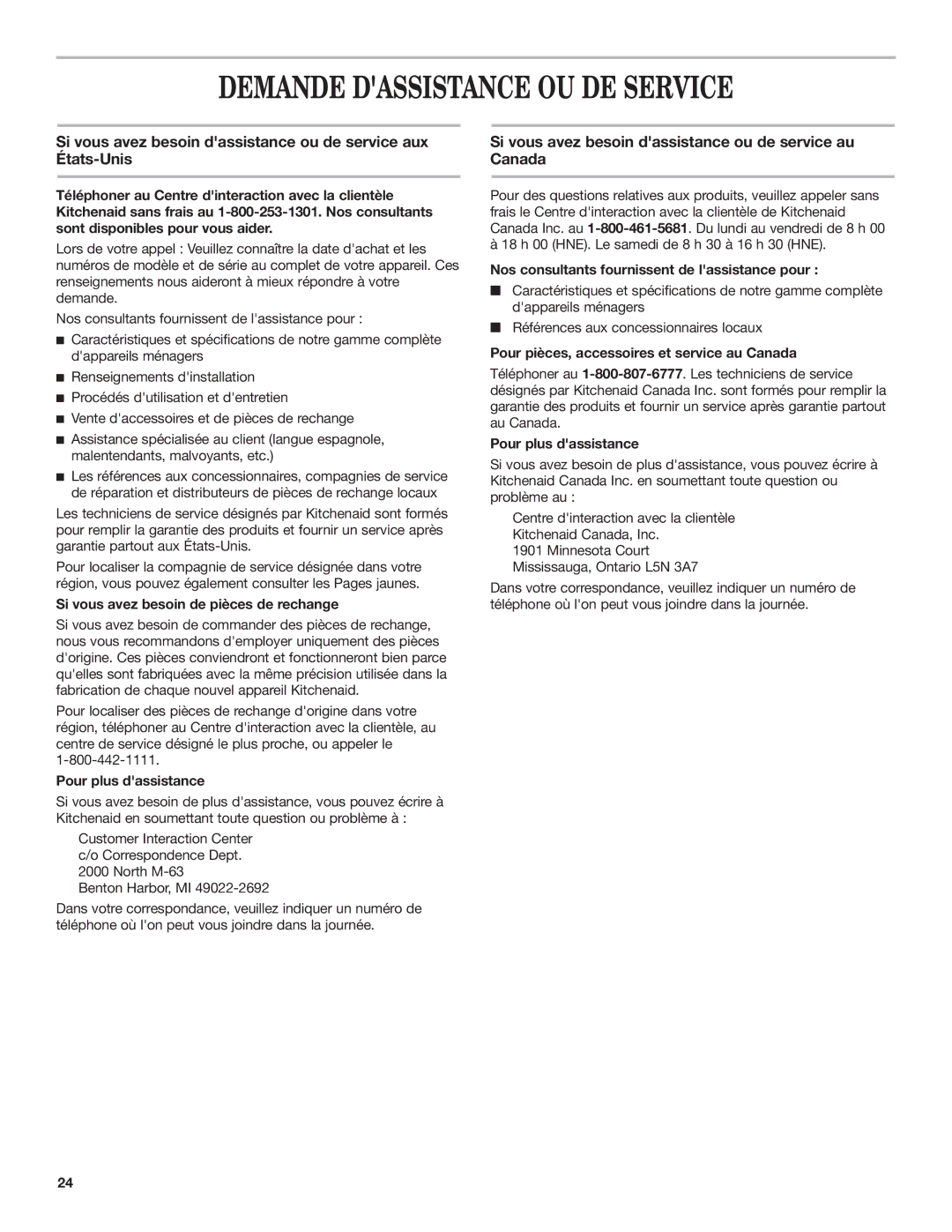 KitchenAid 9763388 Demande Dassistance OU DE Service, Si vous avez besoin de pièces de rechange, Pour plus dassistance 