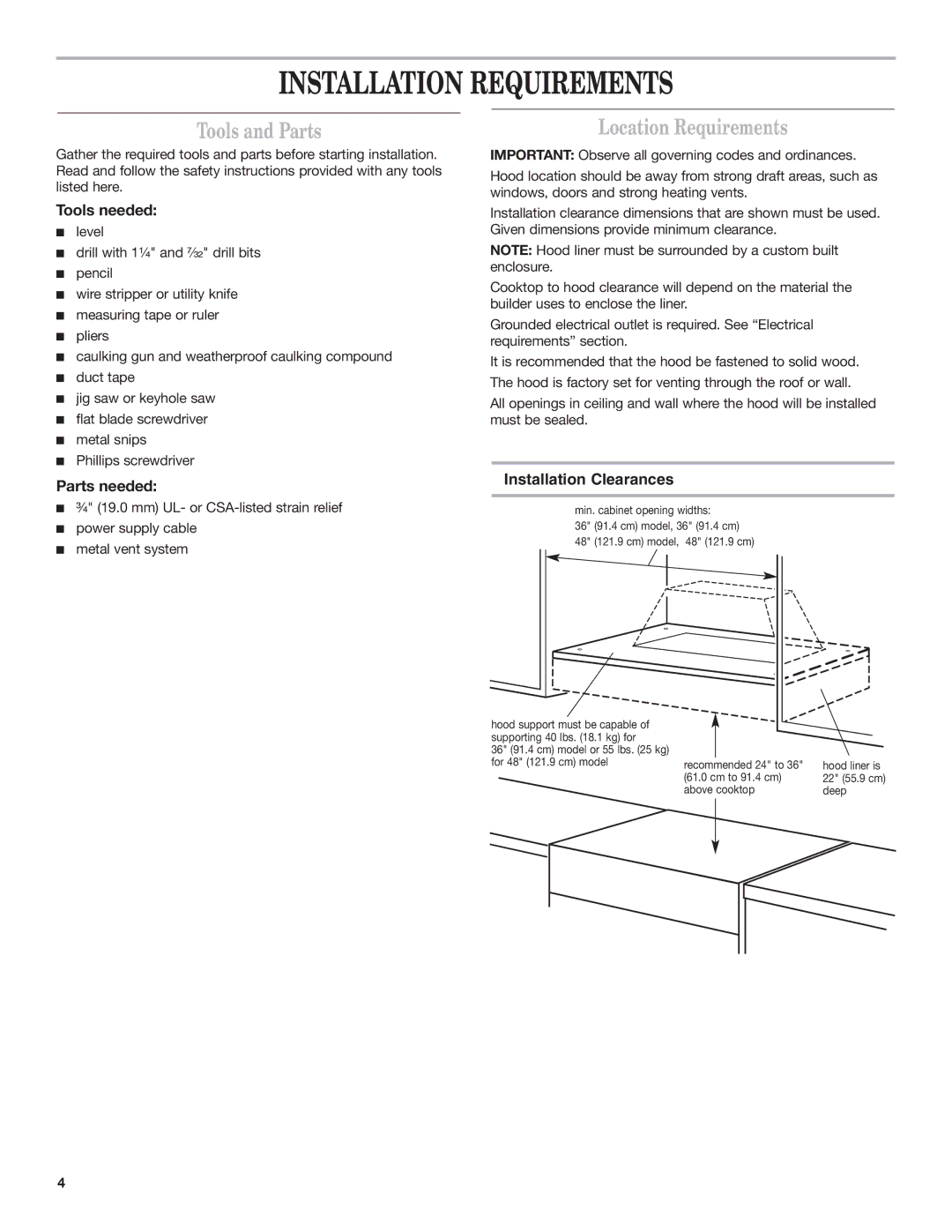 KitchenAid 9763388 Installation Requirements, Tools and Parts, Location Requirements, Installation Clearances 