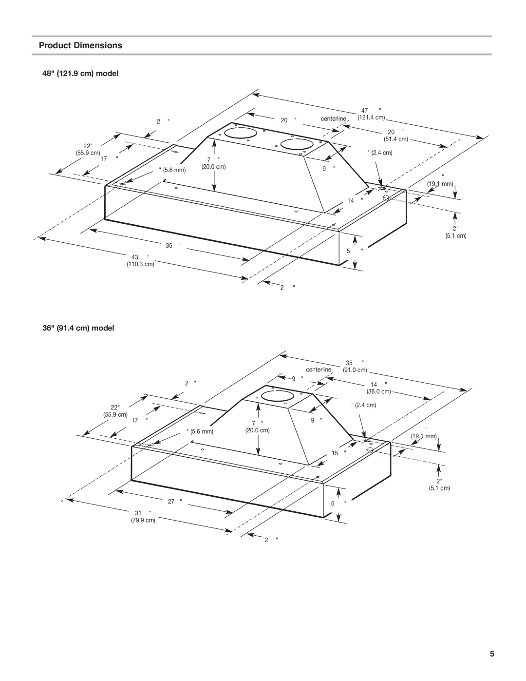 KitchenAid 9763388 installation instructions Product Dimensions, 48 121.9 cm model, 36 91.4 cm model 