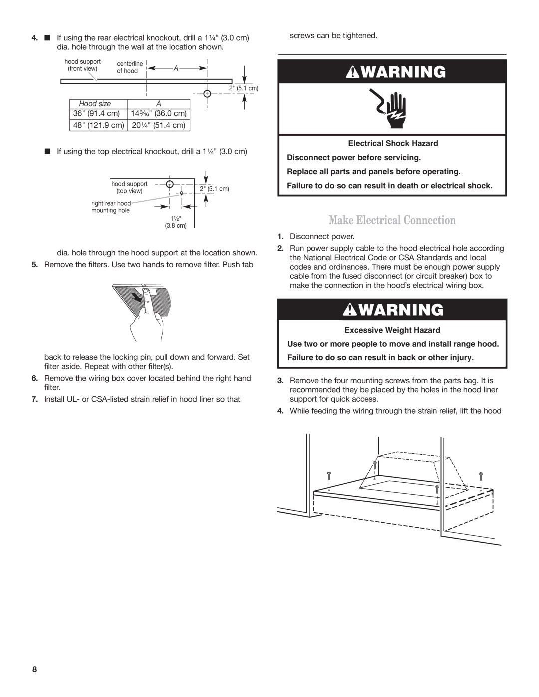 KitchenAid 9763388 installation instructions Make Electrical Connection, Hood size 36 91.4 cm 14 ³⁄₁₆ 36.0 cm 48 121.9 cm 