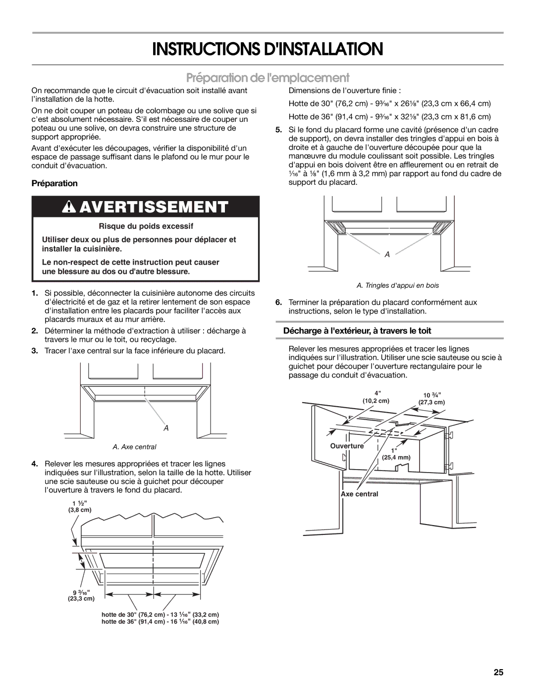 KitchenAid 9763393A Instructions Dinstallation, Préparation de lemplacement, Décharge à lextérieur, à travers le toit 