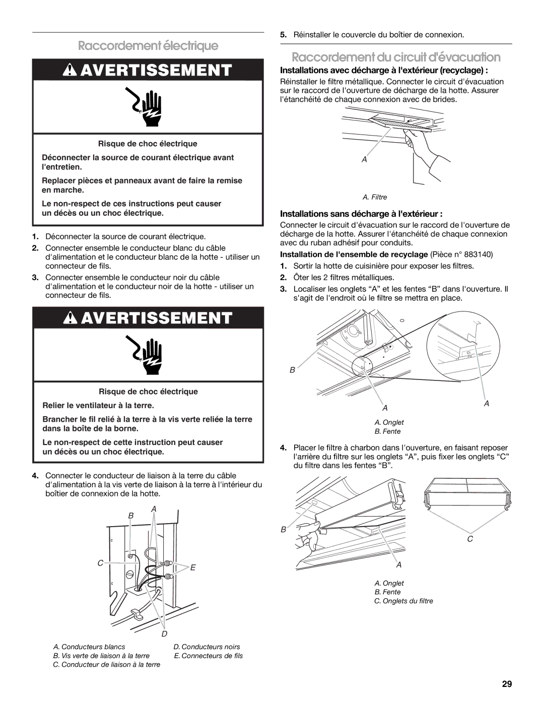 KitchenAid 9763393A Raccordement électrique, Raccordement du circuit dévacuation, Installations sans décharge à lextérieur 