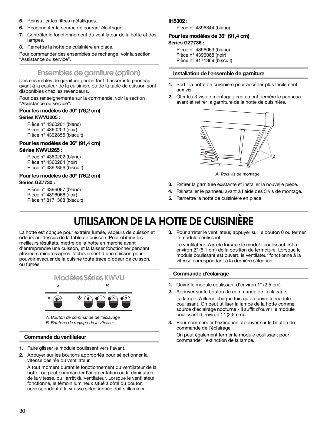 KitchenAid 9763393A Utilisation DE LA Hotte DE Cuisinière, Ensembles de garniture option, Modèles Séries Kwvu 