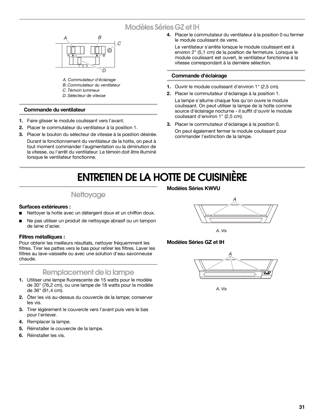 KitchenAid 9763393A Entretien DE LA Hotte DE Cuisinière, Modèles Séries GZ et IH, Nettoyage, Remplacement de la lampe 