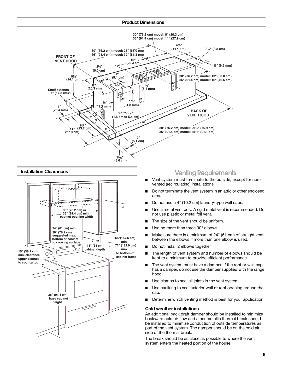 KitchenAid 9763393A Venting Requirements, Product Dimensions, Installation Clearances, Cold weather installations 