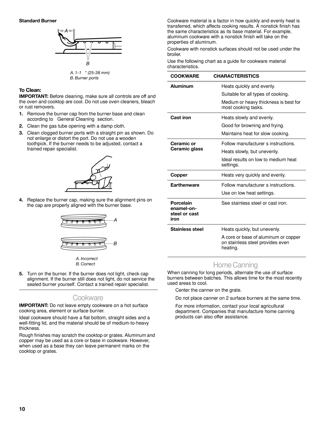 KitchenAid 9763457, KGRS807 manual Home Canning, To Clean, Cookware Characteristics 