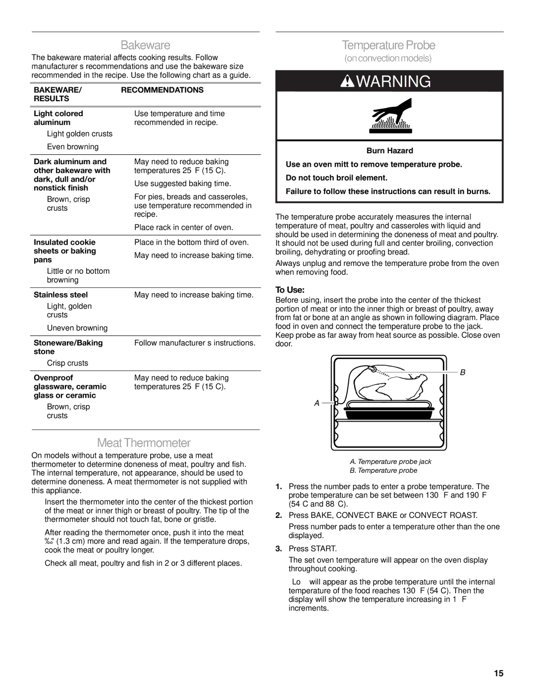 KitchenAid KGRS807, 9763457 manual MeatThermometer, Temperature Probe, To Use, Bakeware Recommendations Results 