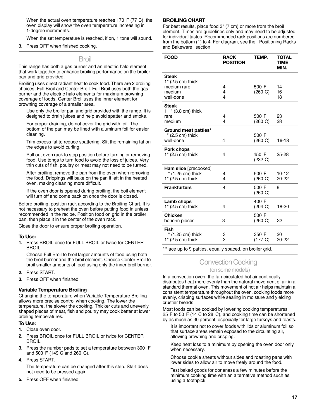 KitchenAid KGRS807, 9763457 manual Convection Cooking, Variable Temperature Broiling, Broiling Chart 