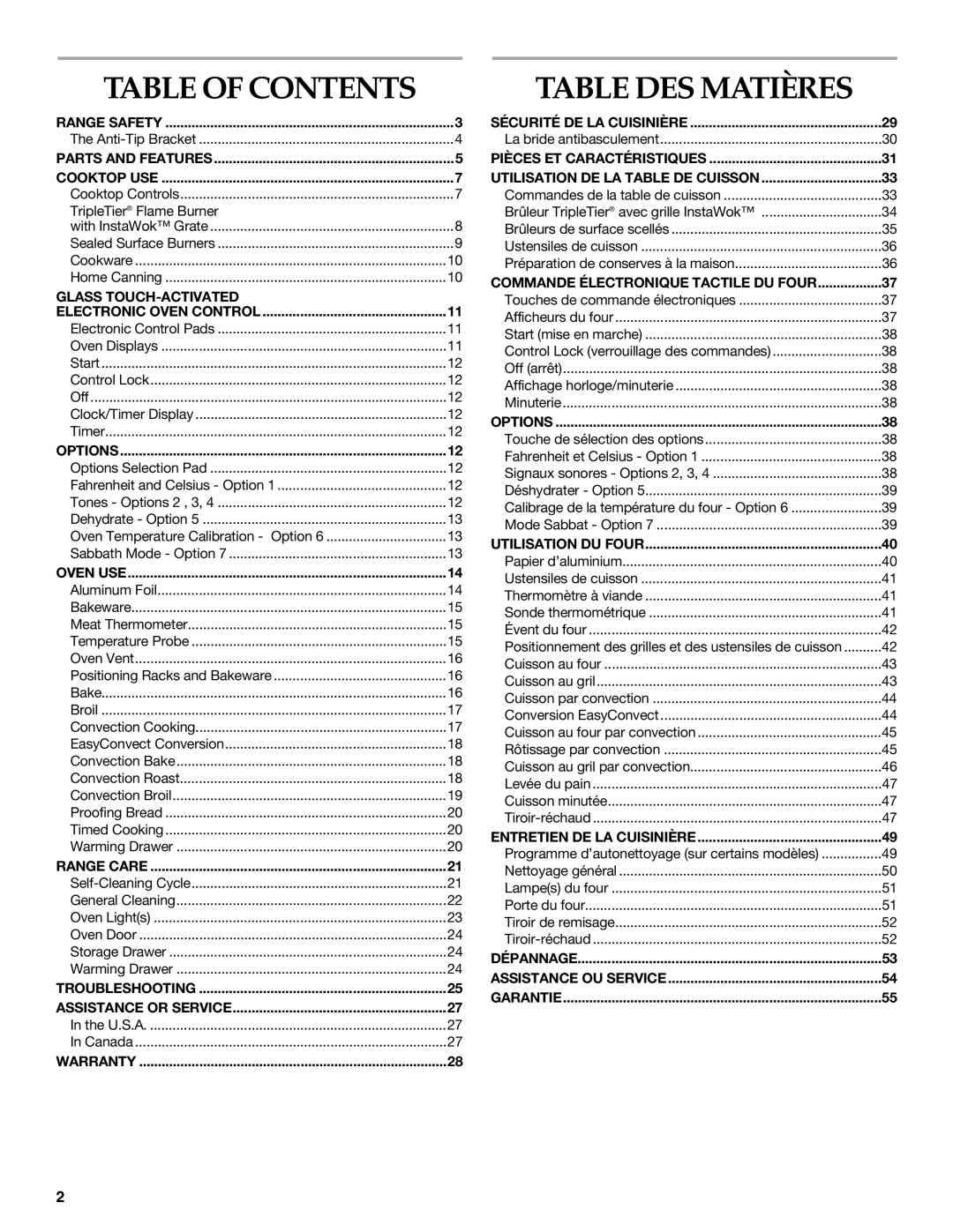 KitchenAid 9763457, KGRS807 manual Table of Contents, Table DES Matières 