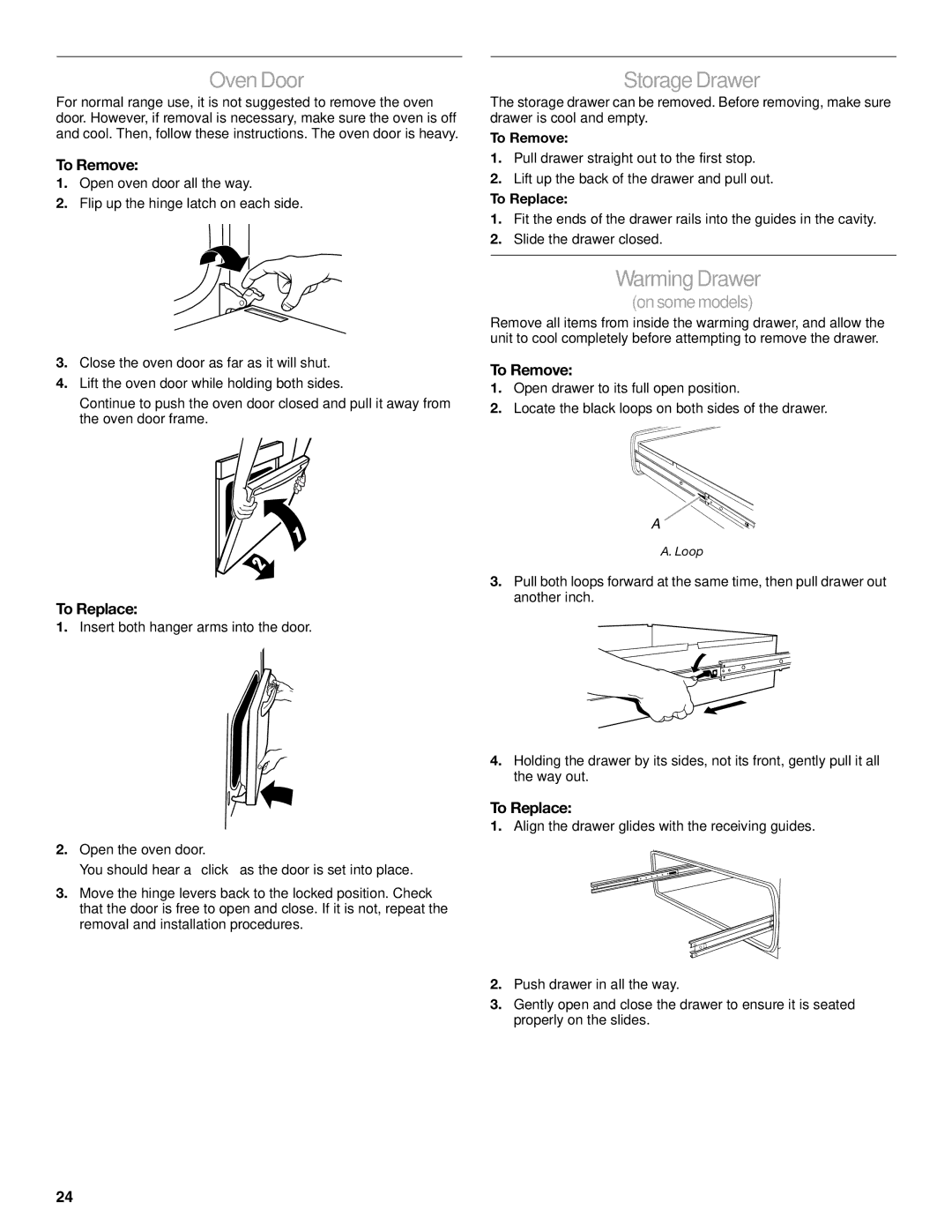 KitchenAid 9763457, KGRS807 manual Oven Door, Storage Drawer, To Remove, To Replace 