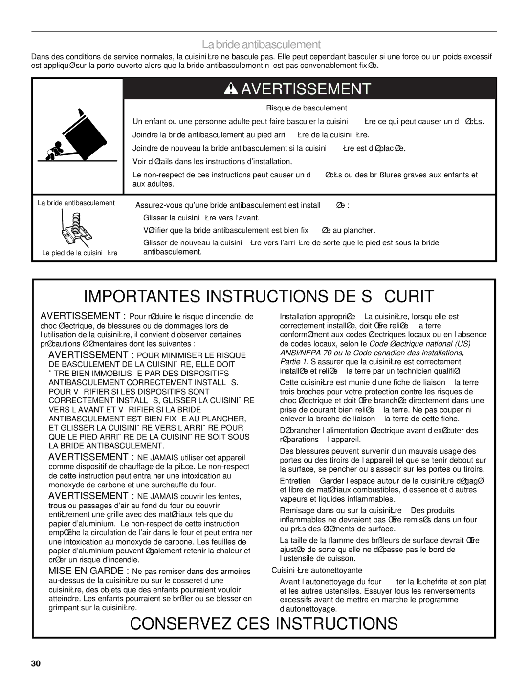 KitchenAid 9763457, KGRS807 manual Importantes Instructions DE Sécurité, La bride antibasculement 