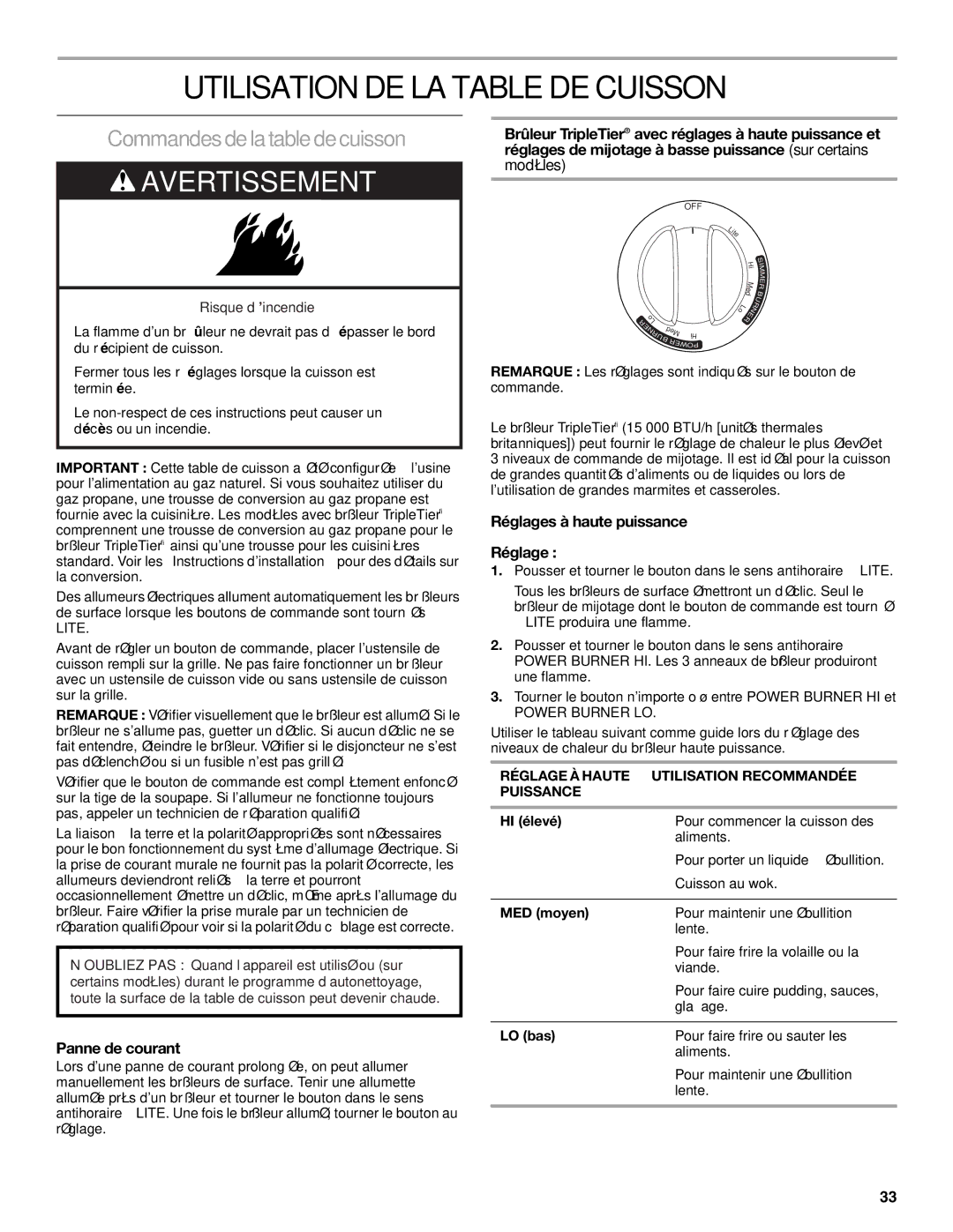 KitchenAid KGRS807, 9763457 manual Utilisation DE LA Table DE Cuisson, Commandes de la table de cuisson, Panne de courant 