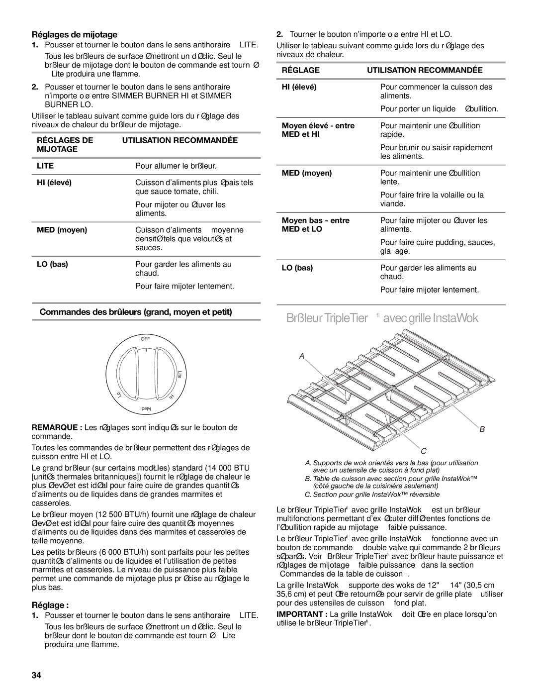 KitchenAid 9763457, KGRS807 manual Brûleur TripleTier avecgrille InstaWok, Réglages de mijotage 