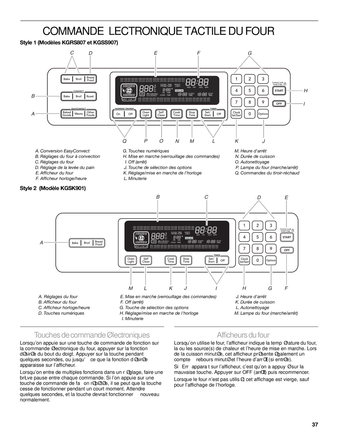 KitchenAid KGRS807, 9763457 Commande Électronique Tactile DU Four, Touches de commande électroniques, Afficheurs du four 