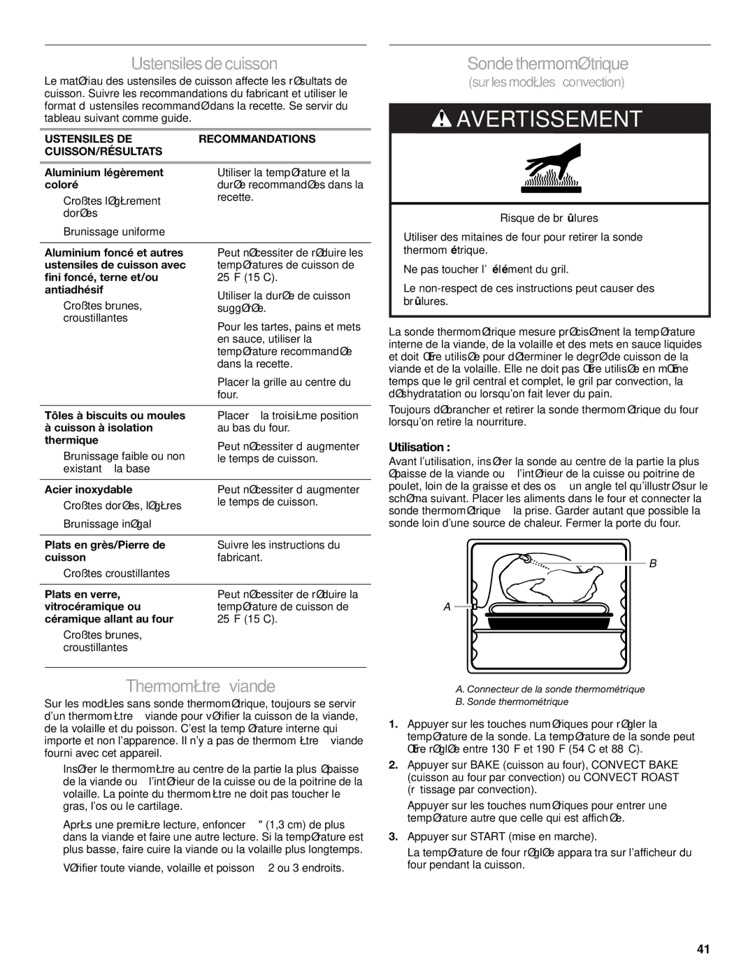 KitchenAid KGRS807, 9763457 manual Sonde thermométrique, Thermomètre à viande, Utilisation 