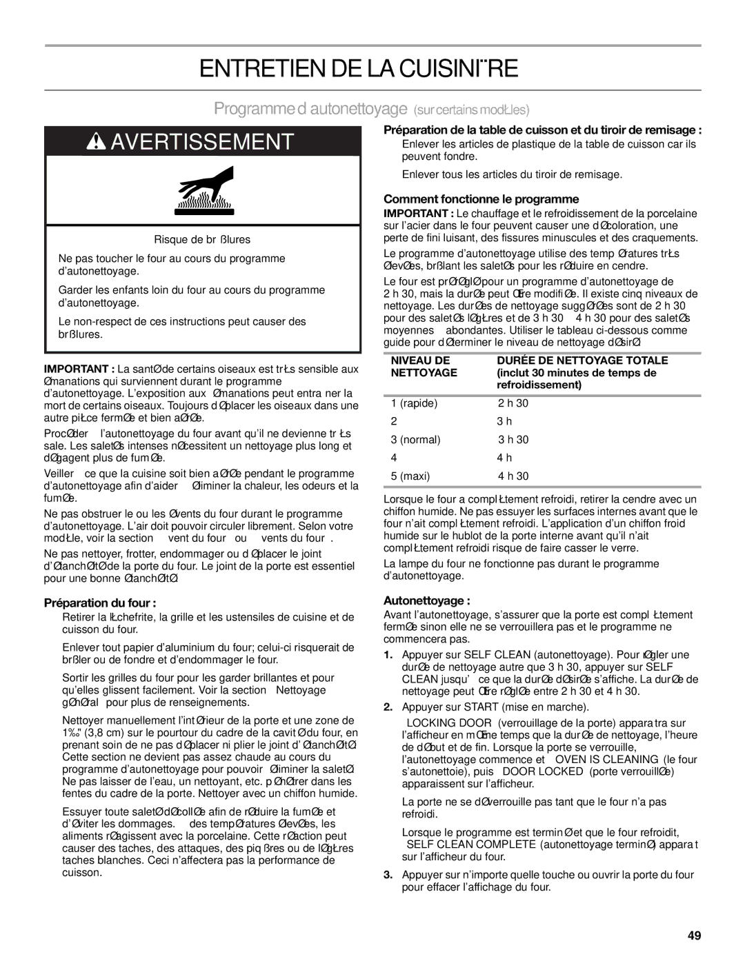 KitchenAid KGRS807, 9763457 manual Entretien DE LA Cuisinière, Programme d’autonettoyage surcertains modèles 