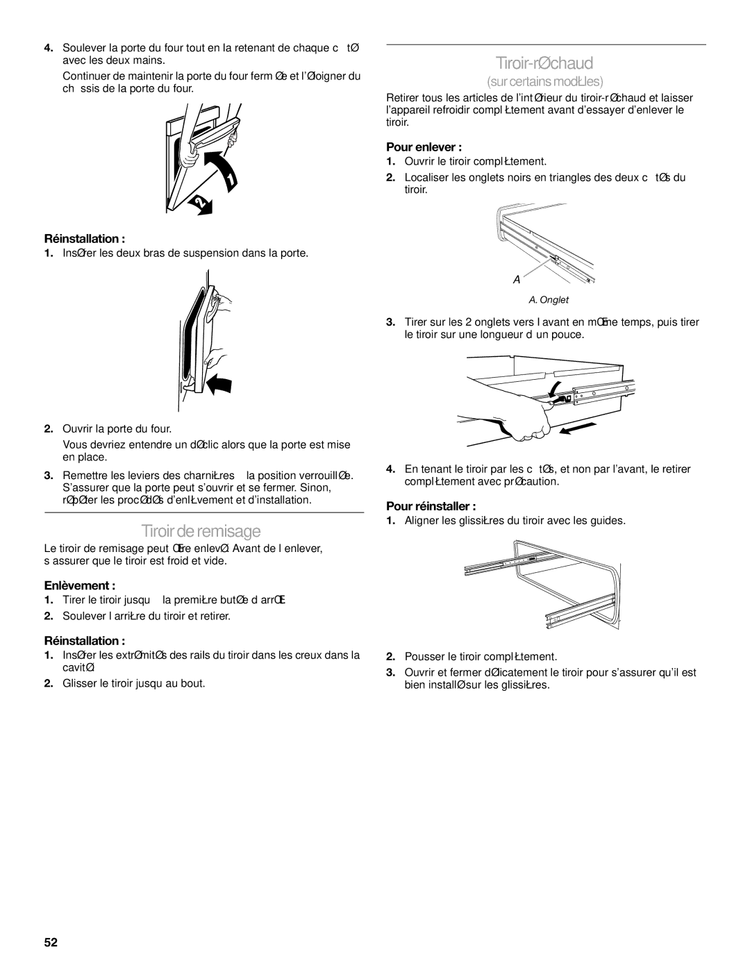 KitchenAid 9763457, KGRS807 manual Tiroir de remisage, Pour enlever, Réinstallation, Pour réinstaller 