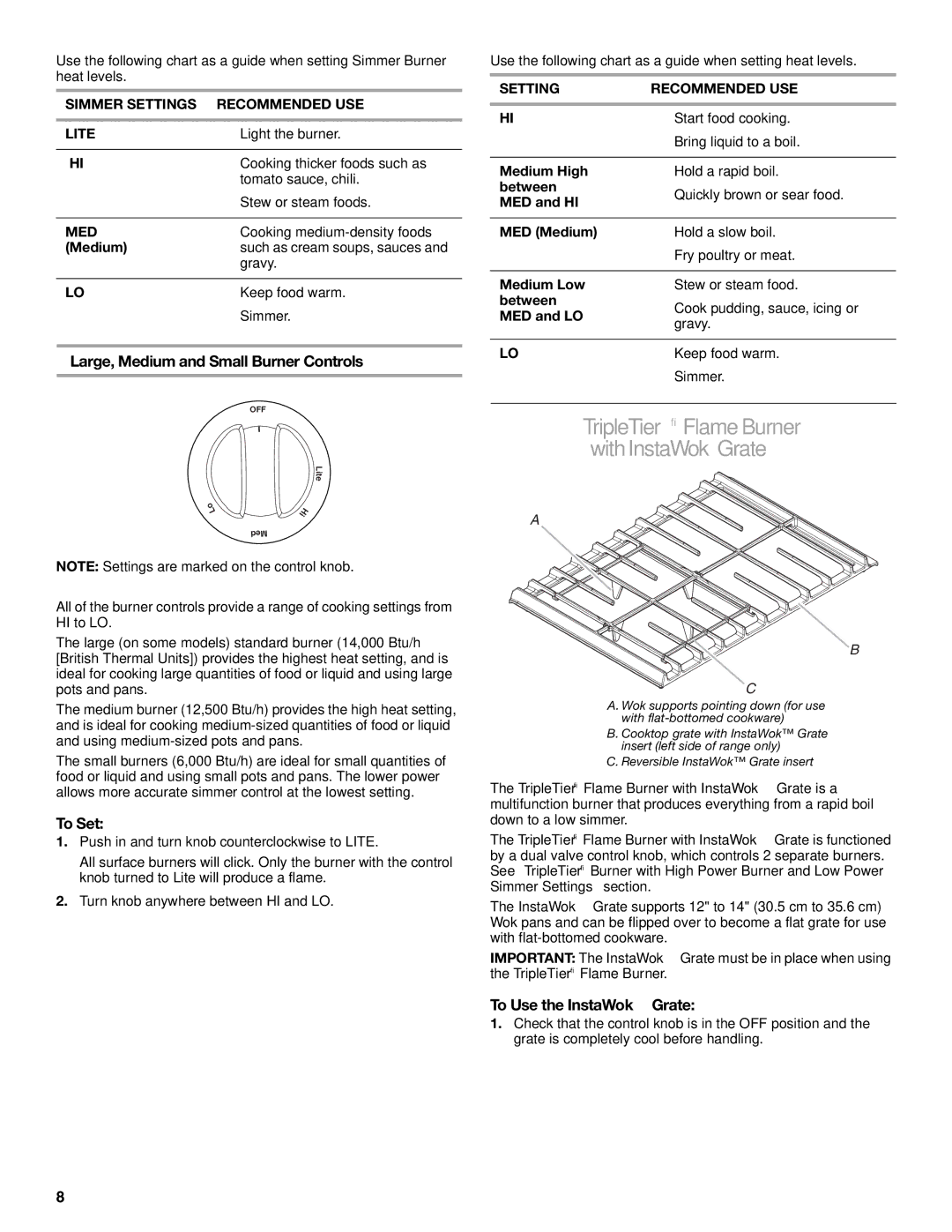 KitchenAid 9763457, KGRS807 Large, Medium and Small Burner Controls, To Use the InstaWok Grate, Setting Recommended USE 