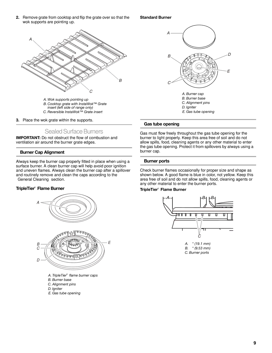 KitchenAid KGRS807 Sealed Surface Burners, Burner Cap Alignment, TripleTier Flame Burner, Gas tube opening, Burner ports 