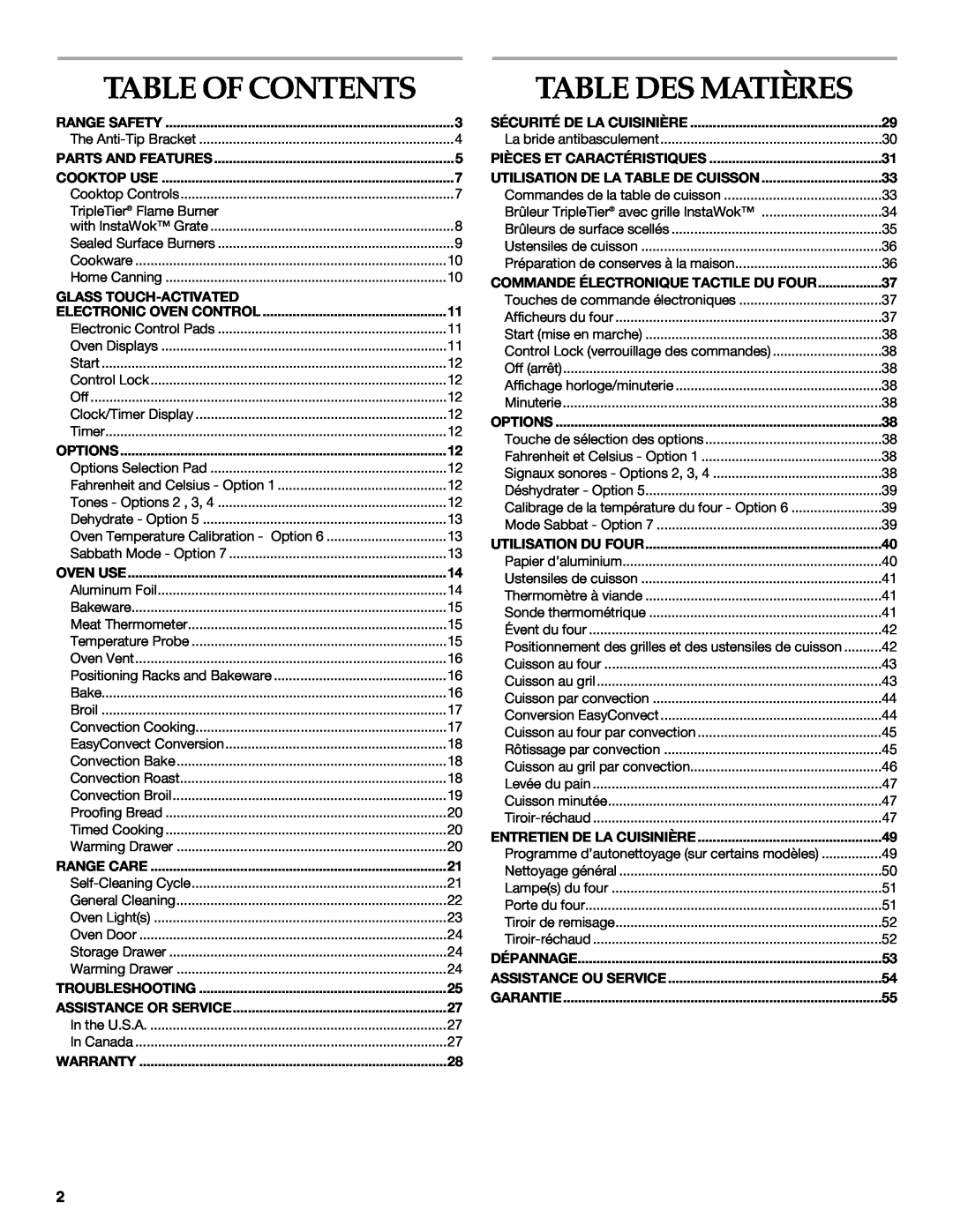 KitchenAid 9763457, KGRS807 Table Of Contents, Table Des Matières, Positionnement des grilles et des ustensiles de cuisson 