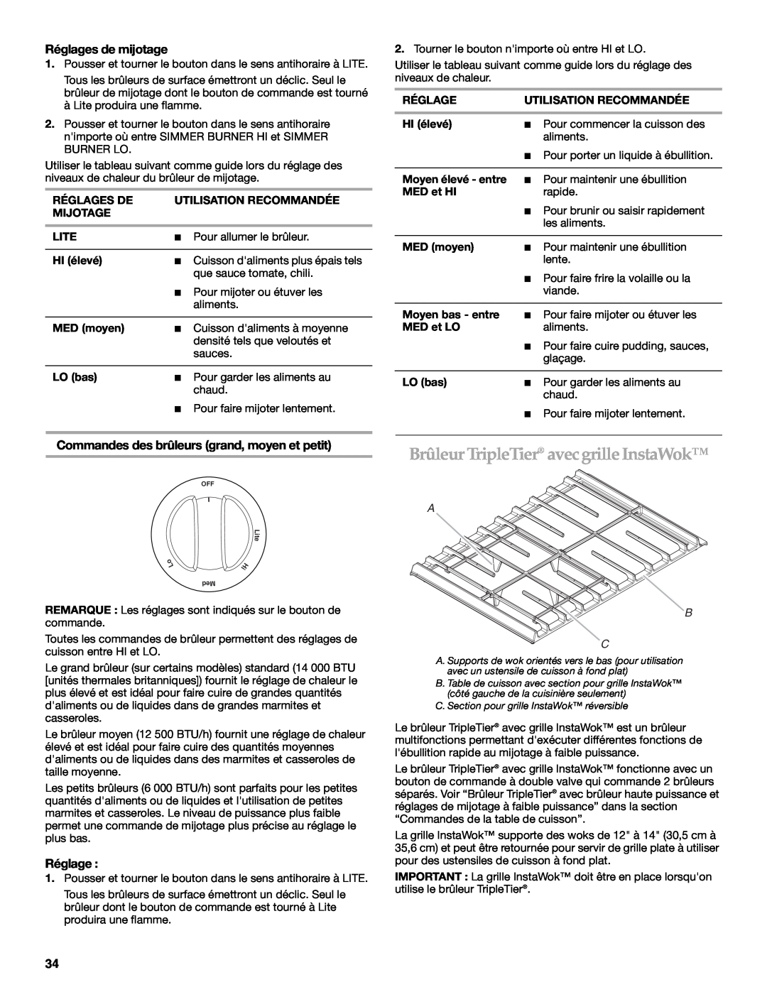 KitchenAid 9763457, KGRS807 manual Brûleur TripleTier avecgrille InstaWok, Réglages de mijotage, A B C 