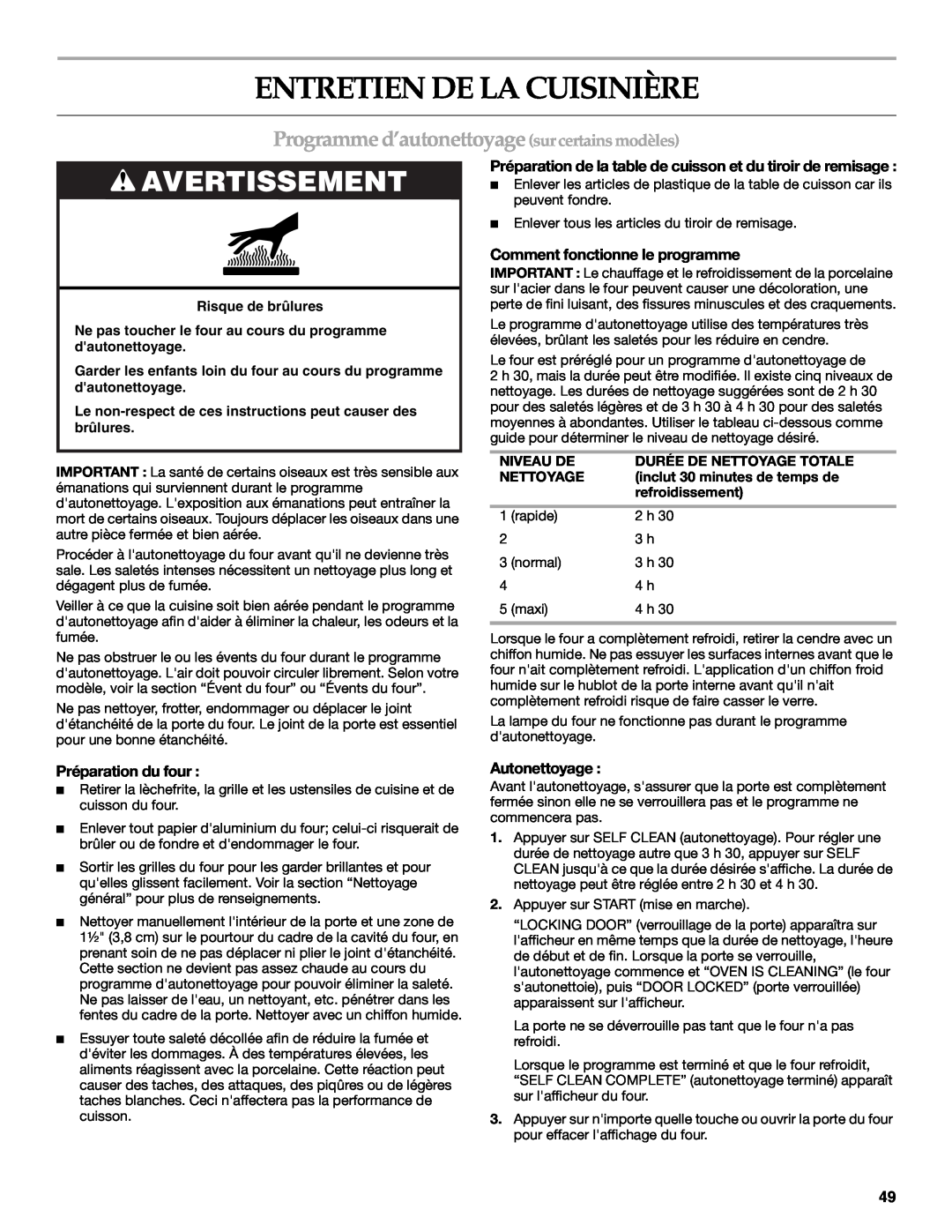 KitchenAid KGRS807 Entretien De La Cuisinière, Programme d’autonettoyage surcertains modèles, Avertissement, Autonettoyage 
