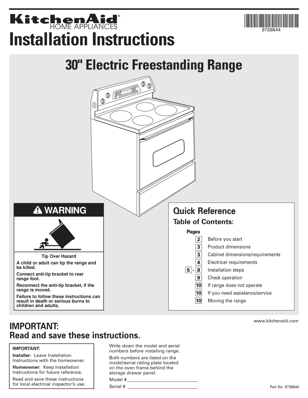 KitchenAid 9.76E+13 installation instructions Installation Instructions, Table of Contents 