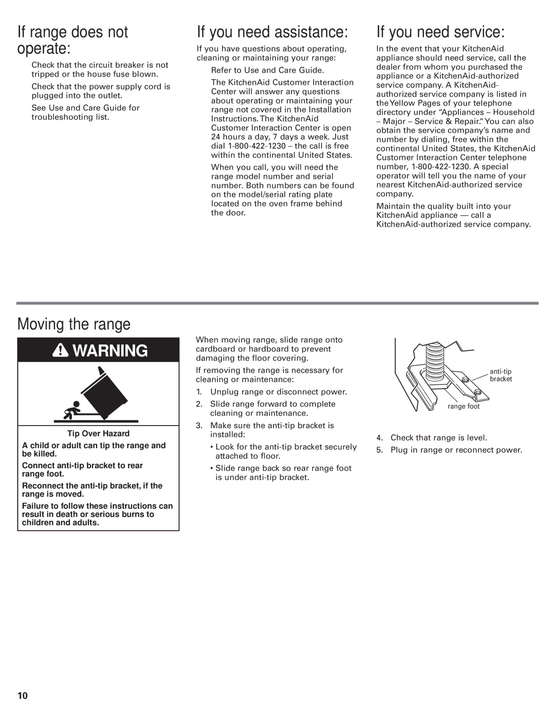 KitchenAid 9.76E+13 If range does not operate, If you need assistance, If you need service, Moving the range 