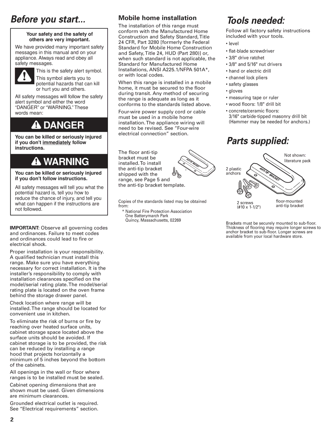 KitchenAid 9.76E+13 installation instructions Before you start, Tools needed, Parts supplied, Mobile home installation 