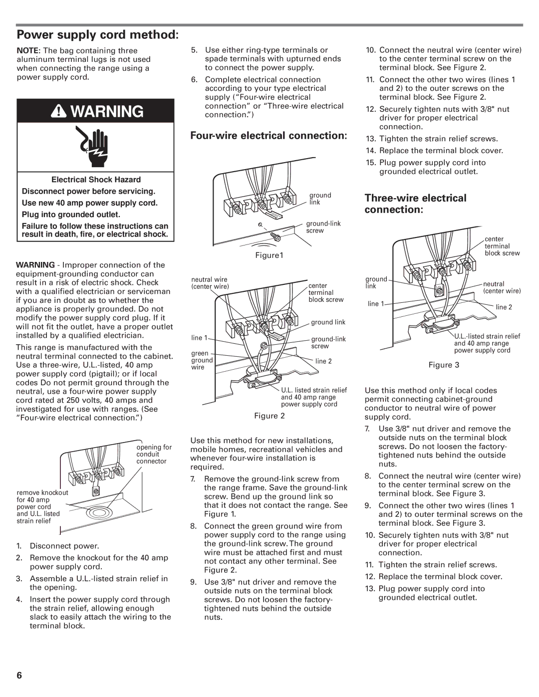 KitchenAid 9.76E+13 Power supply cord method, Four-wire electrical connection, Three-wire electrical connection 