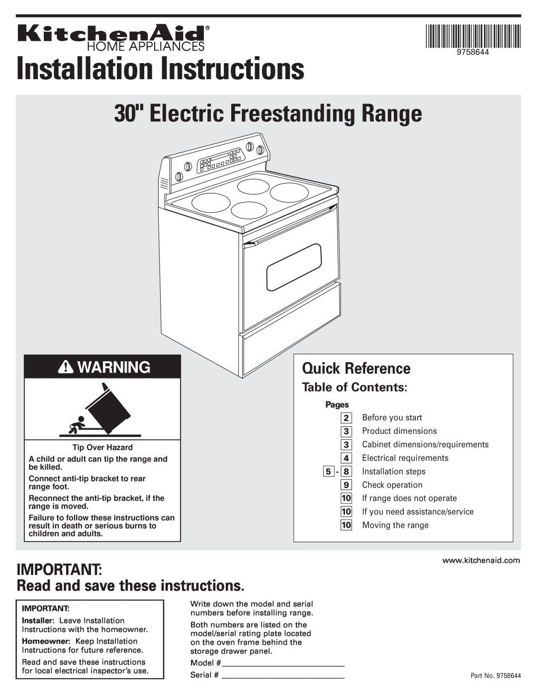 KitchenAid 9.76E+13 installation instructions Table of Contents, Connect anti-tip bracket to rear range foot, Pages 