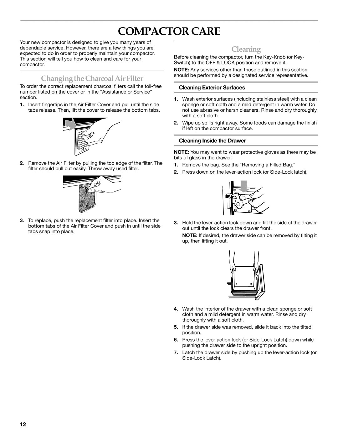 KitchenAid 9871780B manual Compactor Care, Changingthe Charcoal Air Filter, Cleaning Exterior Surfaces 