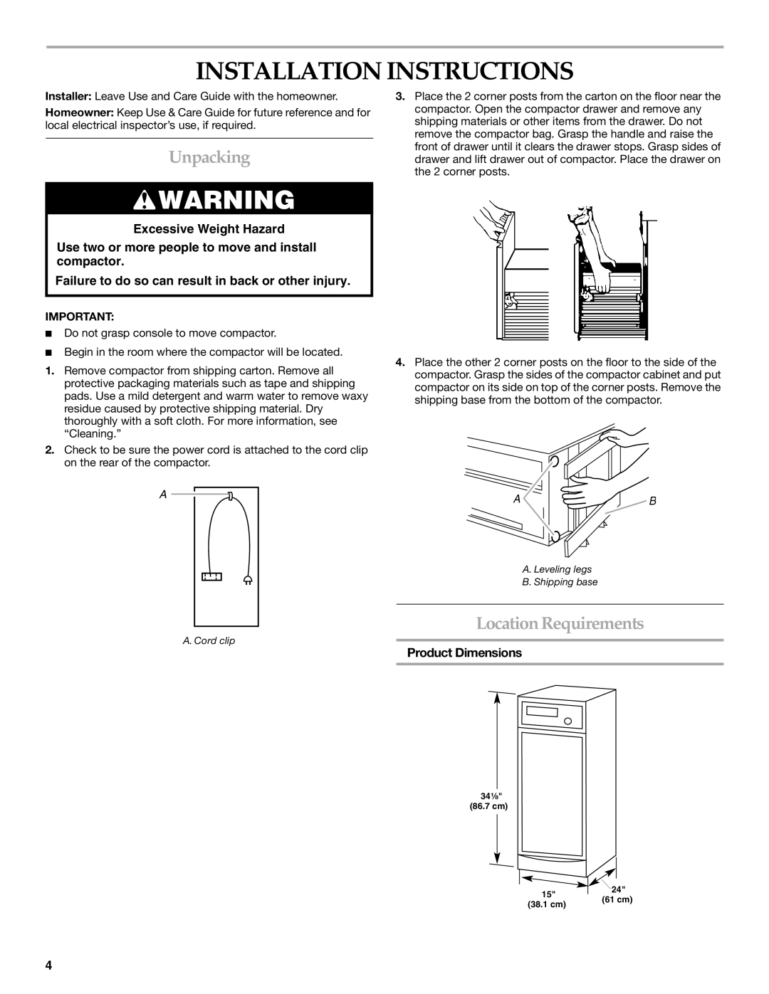 KitchenAid 9871780B manual Installation Instructions, Unpacking, Location Requirements, Product Dimensions 