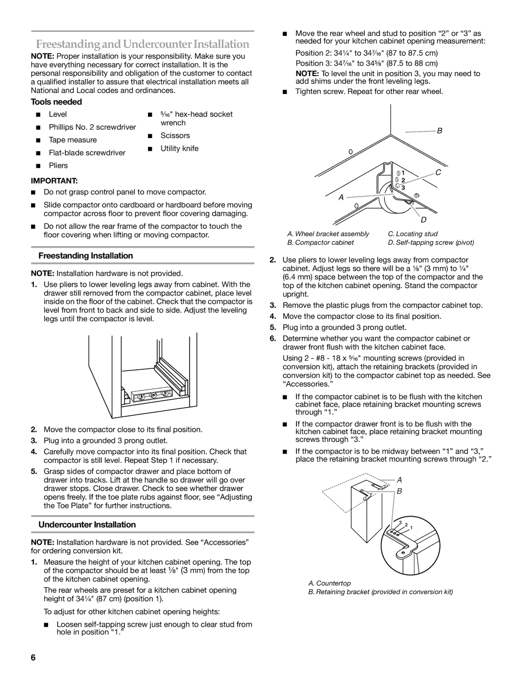 KitchenAid 9871780B manual Freestanding and Undercounter Installation, Tools needed, Freestanding Installation 