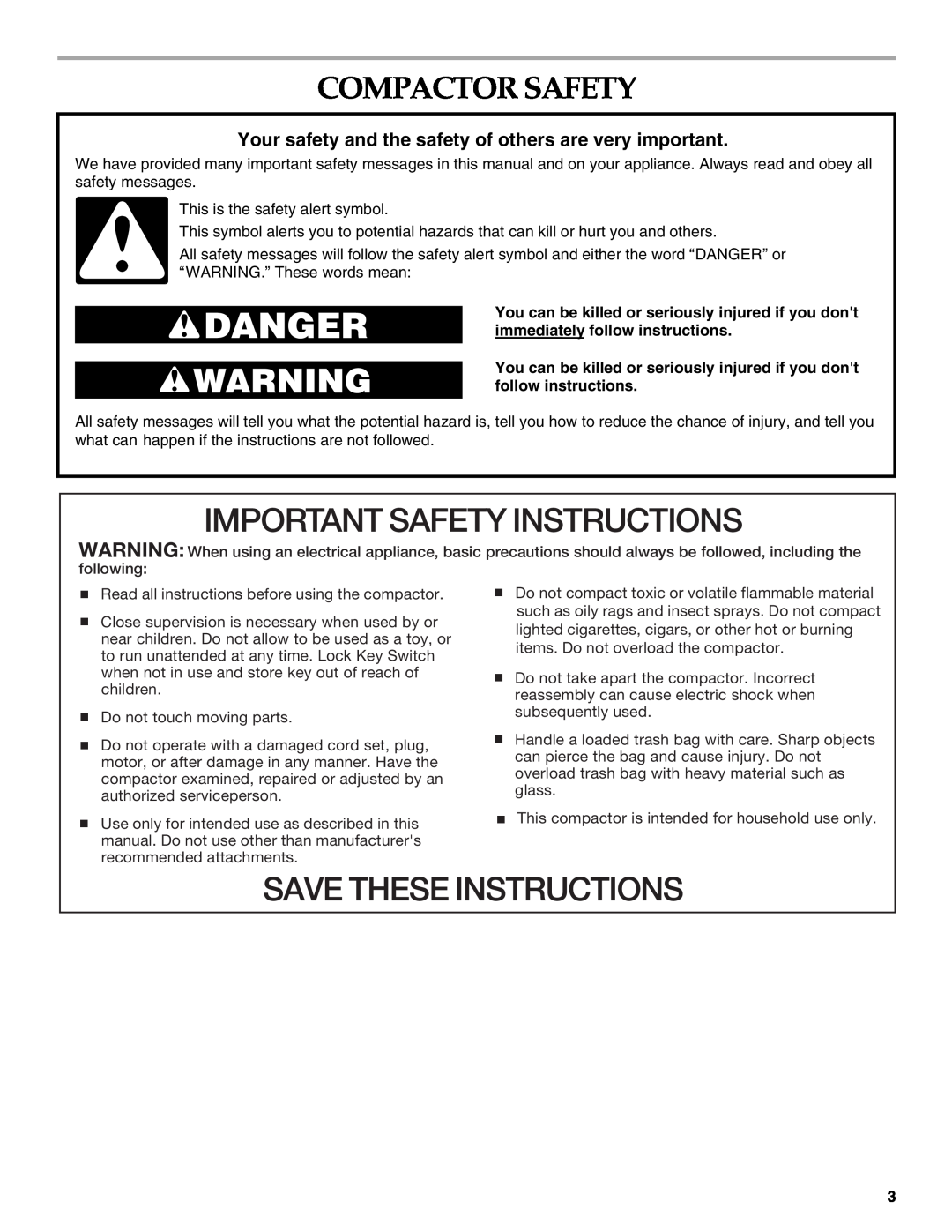 KitchenAid 9871780B manual Compactor Safety, Important Safety Instructions, Save These Instructions 