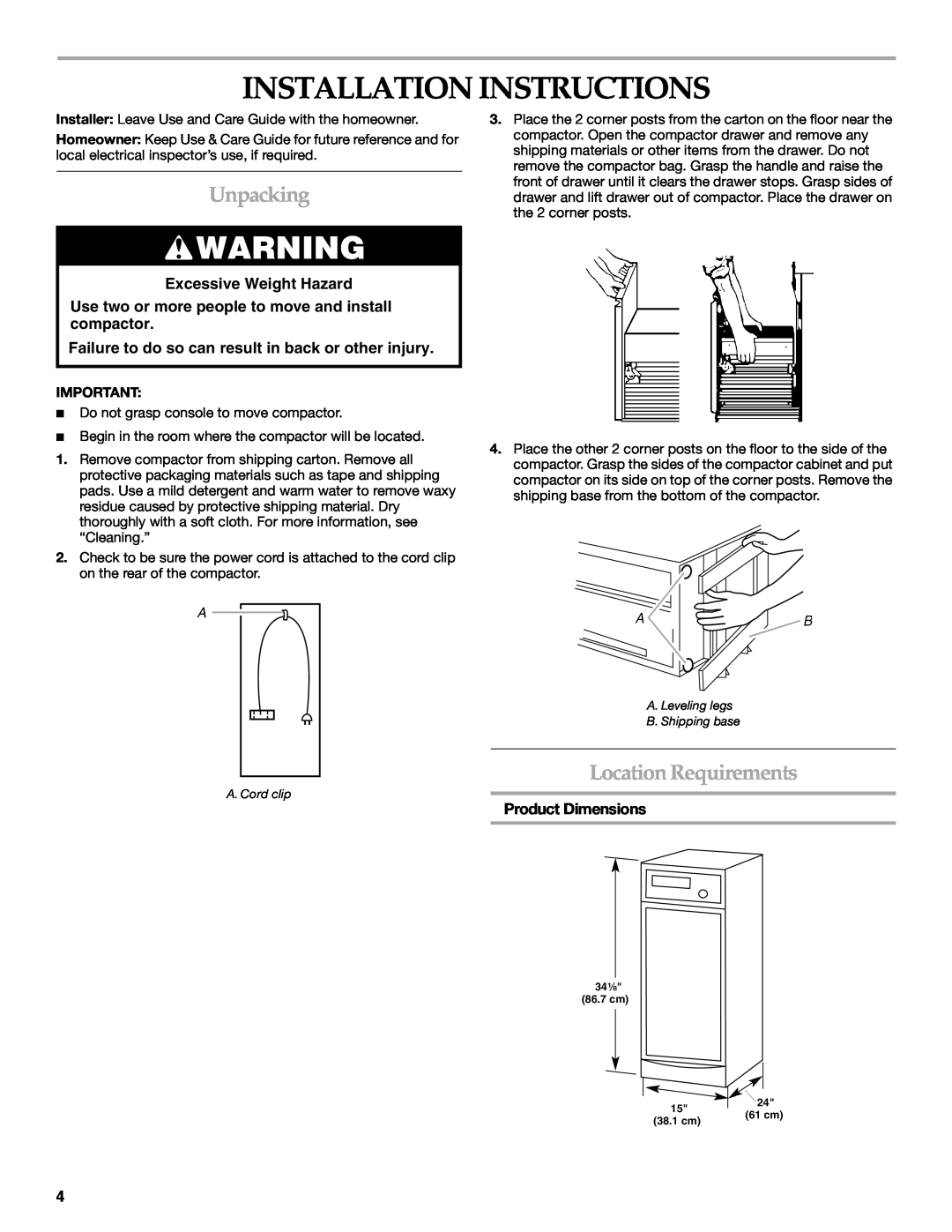 KitchenAid 9871780B manual Installation Instructions, Unpacking, Location Requirements, Excessive Weight Hazard 
